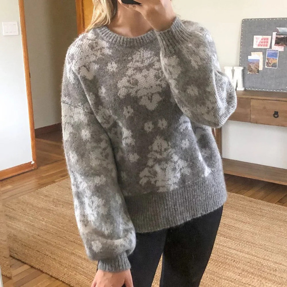 Lewit Wool Mohair Blend Jacquard Knit Baloon Sleeve Crew Neck Sweater Women's S - Picture 1 of 7